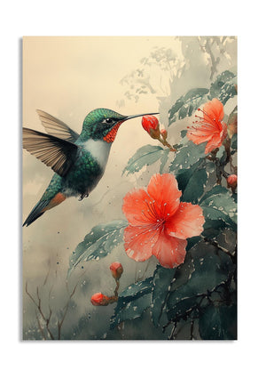Hummingbird perched on a branch with red flowers against a soft, blurred background, as a premium aluminum metal print from GoMetalPrint.
