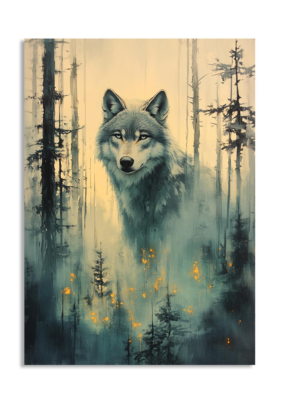 Wolf in a forest with a mystical atmosphere, as a premium aluminum metal print from GoMetalPrint.
