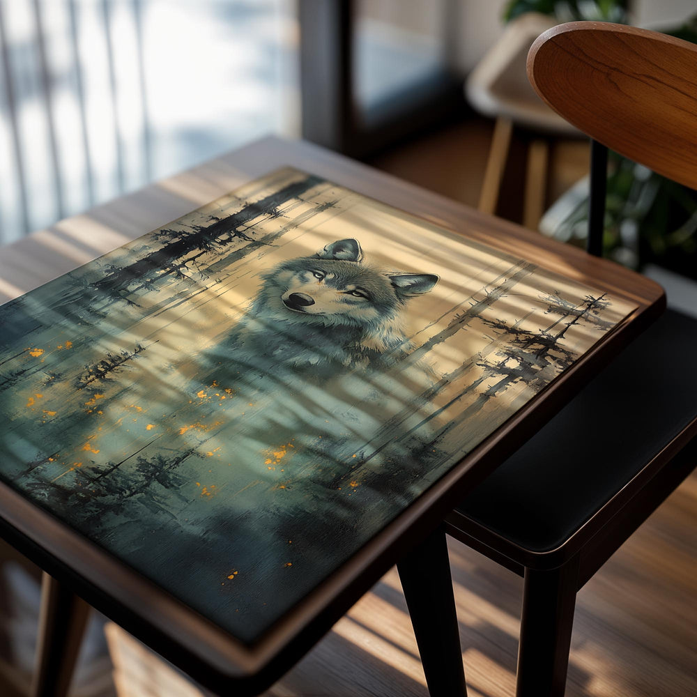 Wolf in a forest with a mystical atmosphere, as a premium aluminum metal print from GoMetalPrint.
