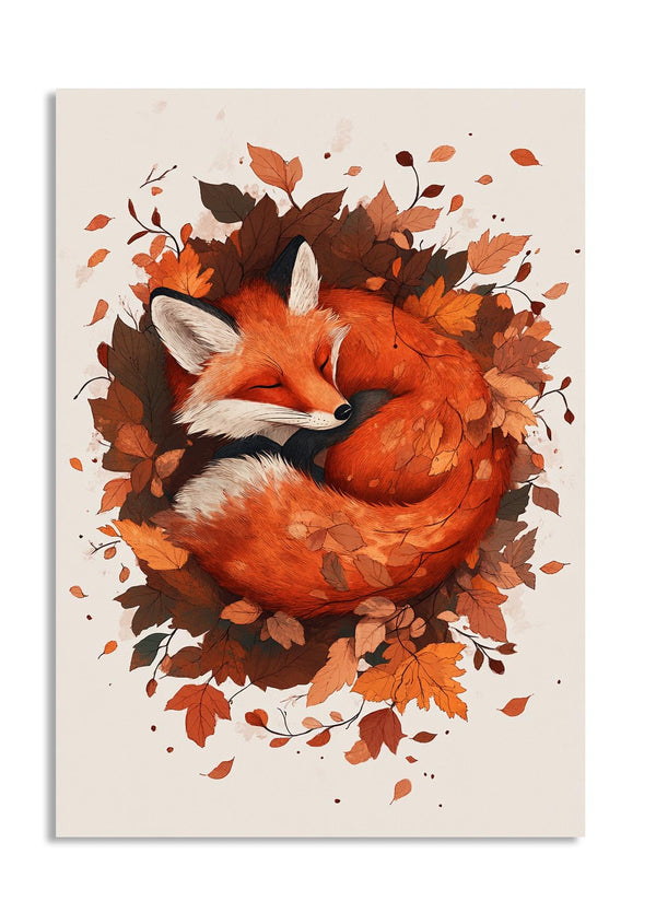 Illustration of a fox surrounded by autumn leaves on a beige background, as a premium aluminum metal print from GoMetalPrint.
