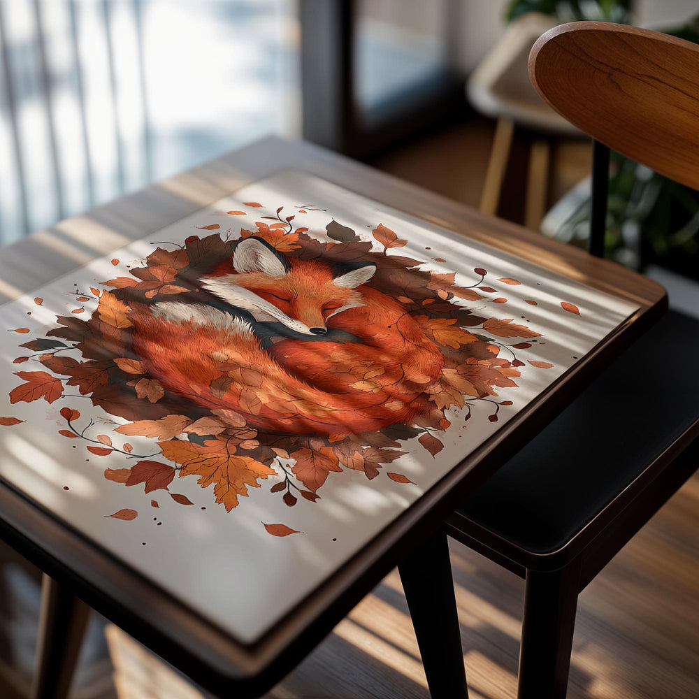 Illustration of a fox surrounded by autumn leaves on a beige background, as a premium aluminum metal print from GoMetalPrint.
