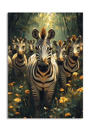 Zebras in a forest with flowers, as a premium aluminum metal print from GoMetalPrint.
