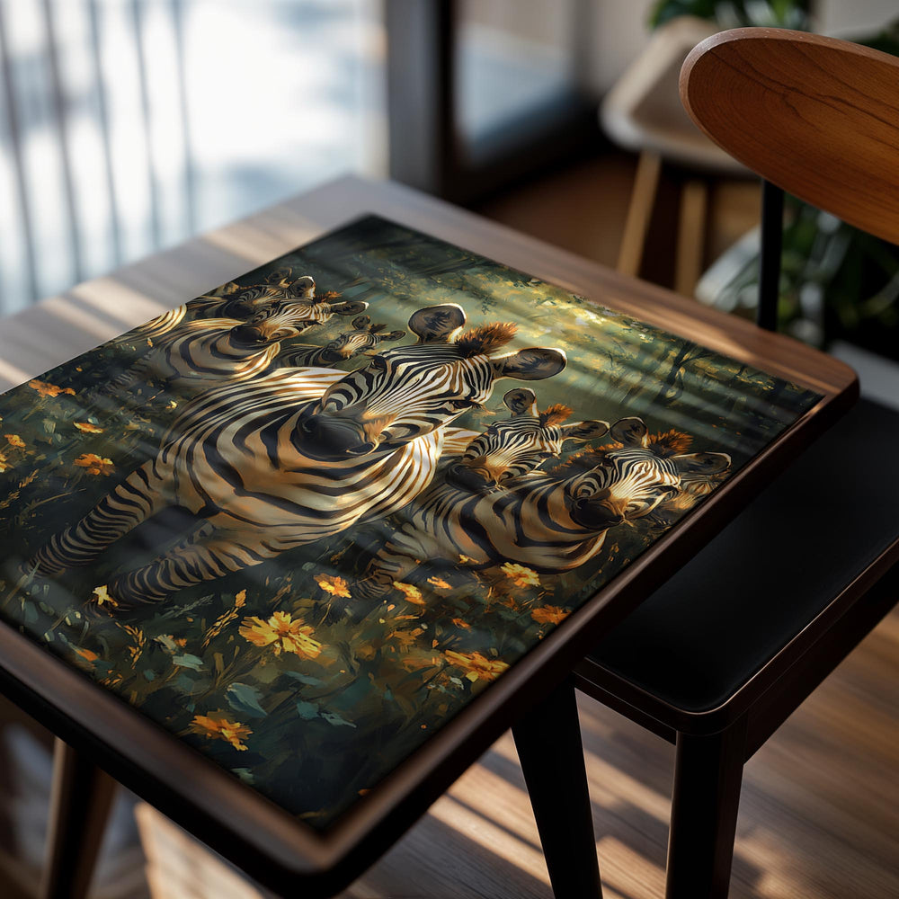 Zebras in a forest with flowers, as a premium aluminum metal print from GoMetalPrint.
