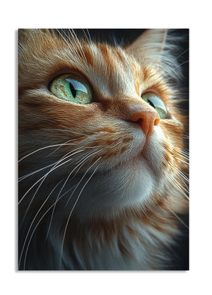 Close-up of a cat's face with green eyes, as a premium aluminum metal print from GoMetalPrint.
