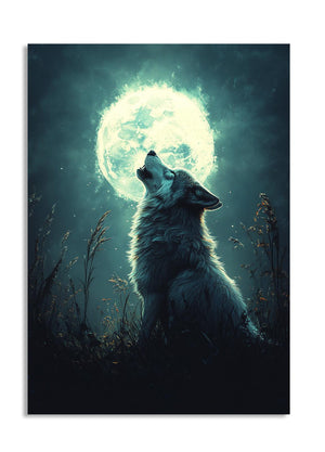 Wolf howling at a full moon in a dark forest, as a premium aluminum metal print from GoMetalPrint.

