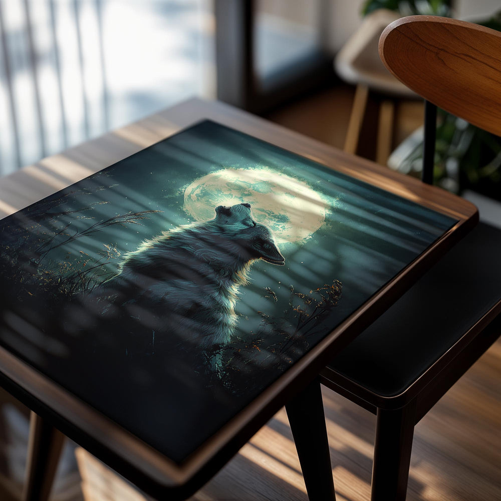 Wolf howling at a full moon in a dark forest, as a premium aluminum metal print from GoMetalPrint.
