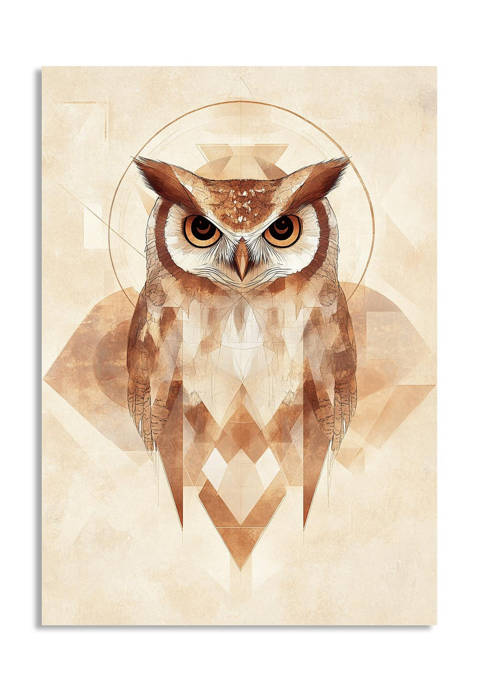 Geometric owl design on a beige background, as a premium aluminum metal print from GoMetalPrint.
