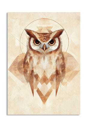 Geometric owl design on a beige background, as a premium aluminum metal print from GoMetalPrint.
