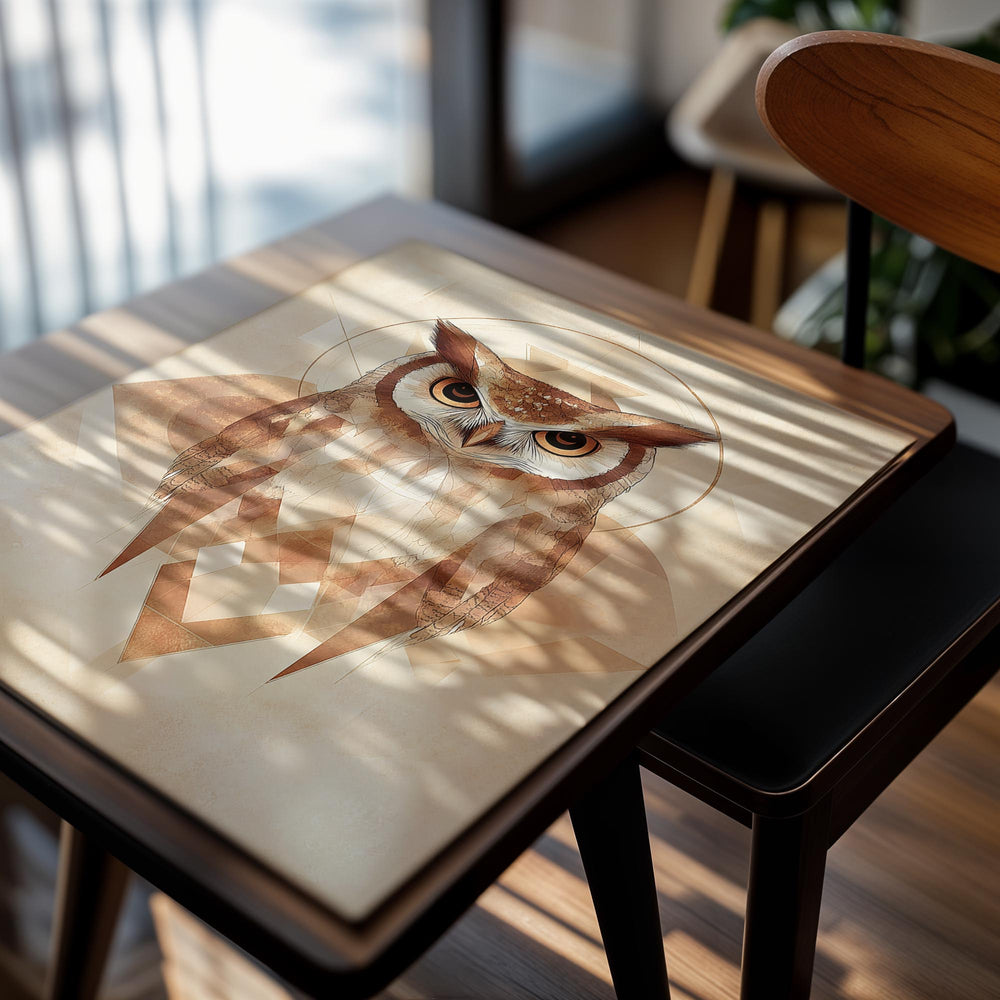 Geometric owl design on a beige background, as a premium aluminum metal print from GoMetalPrint.
