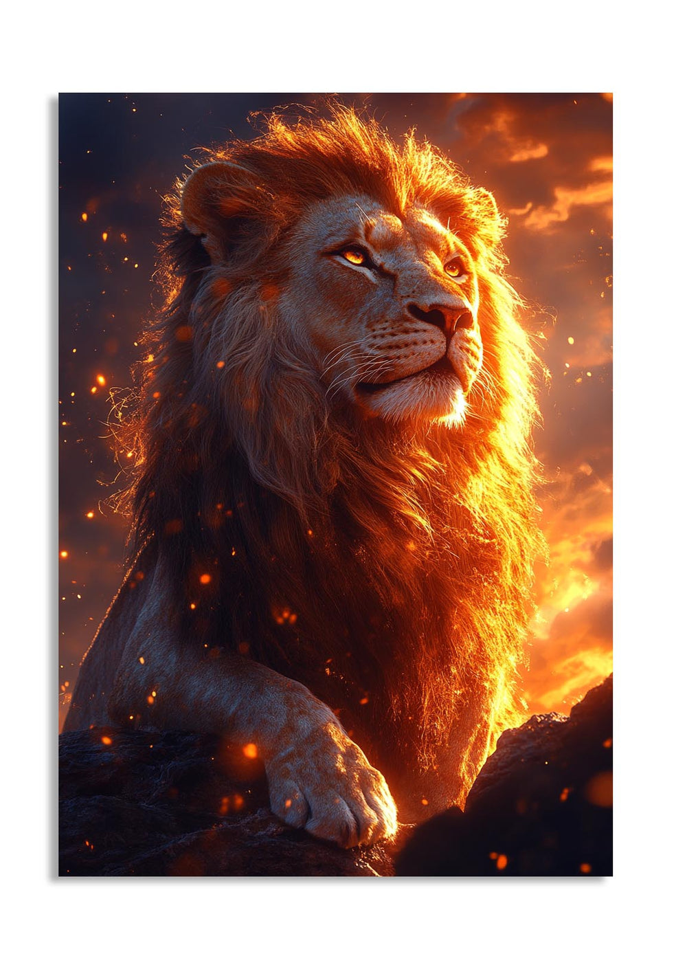 Lion with a fiery mane against a dramatic sky, as a premium aluminum metal print from GoMetalPrint.
