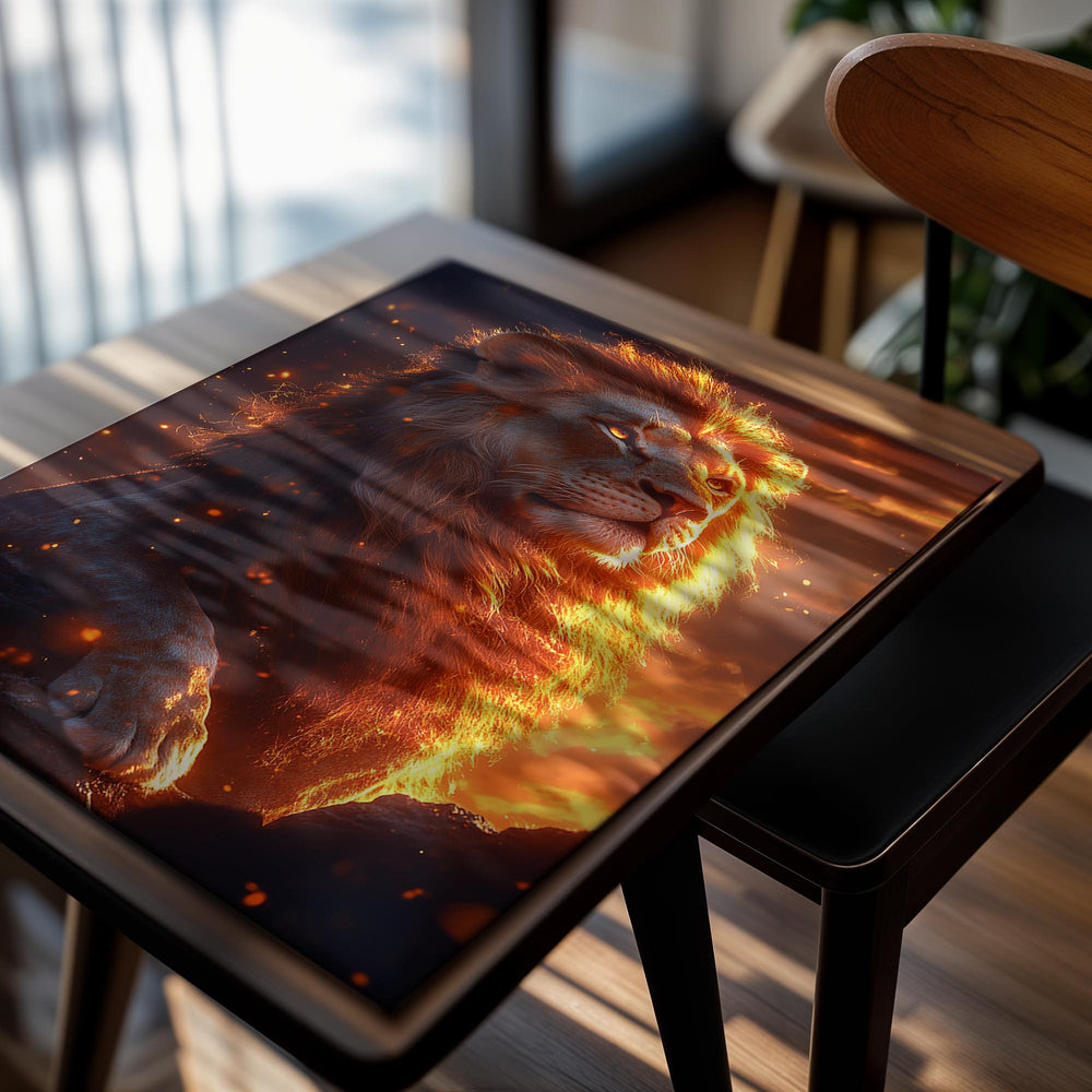 Lion with a fiery mane against a dramatic sky, as a premium aluminum metal print from GoMetalPrint.
