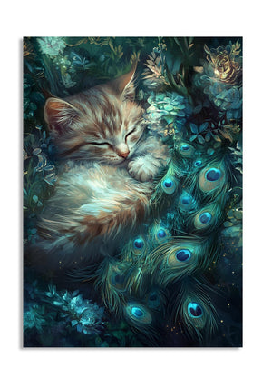 Sleeping kitten surrounded by peacock feathers and flowers, as a premium aluminum metal print from GoMetalPrint.
