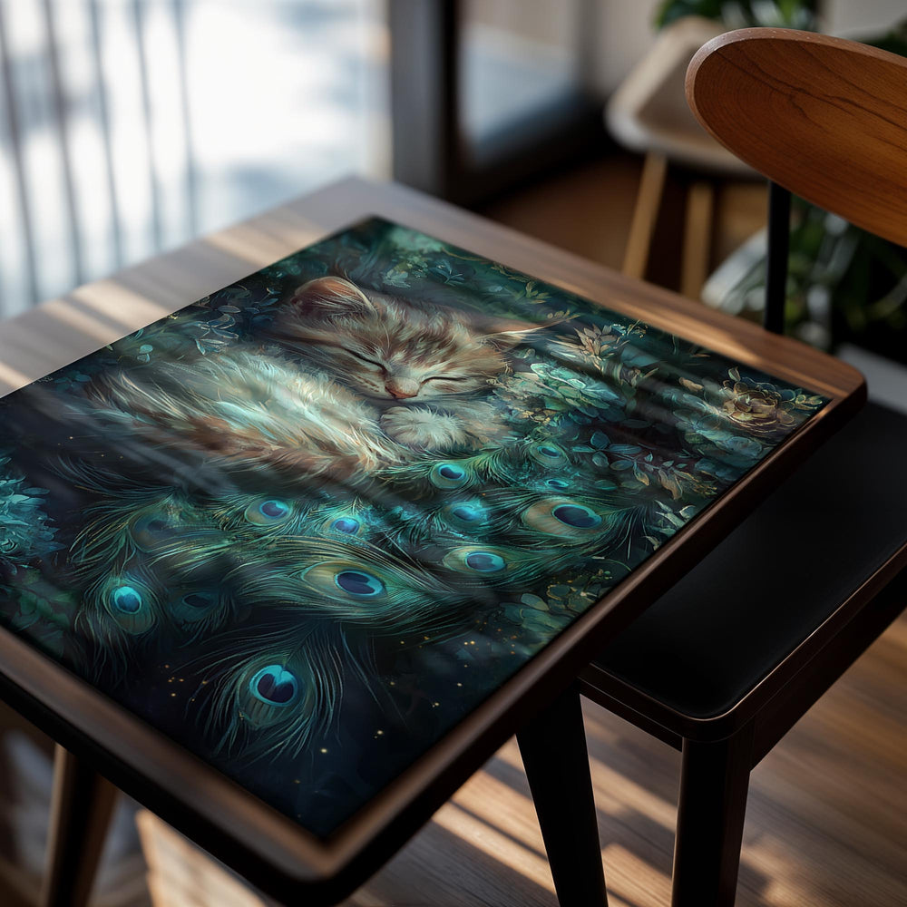 Sleeping kitten surrounded by peacock feathers and flowers, as a premium aluminum metal print from GoMetalPrint.
