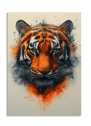 Artistic depiction of a tiger's face with vibrant orange and black colors on a beige background, as a premium aluminum metal print from GoMetalPrint.
