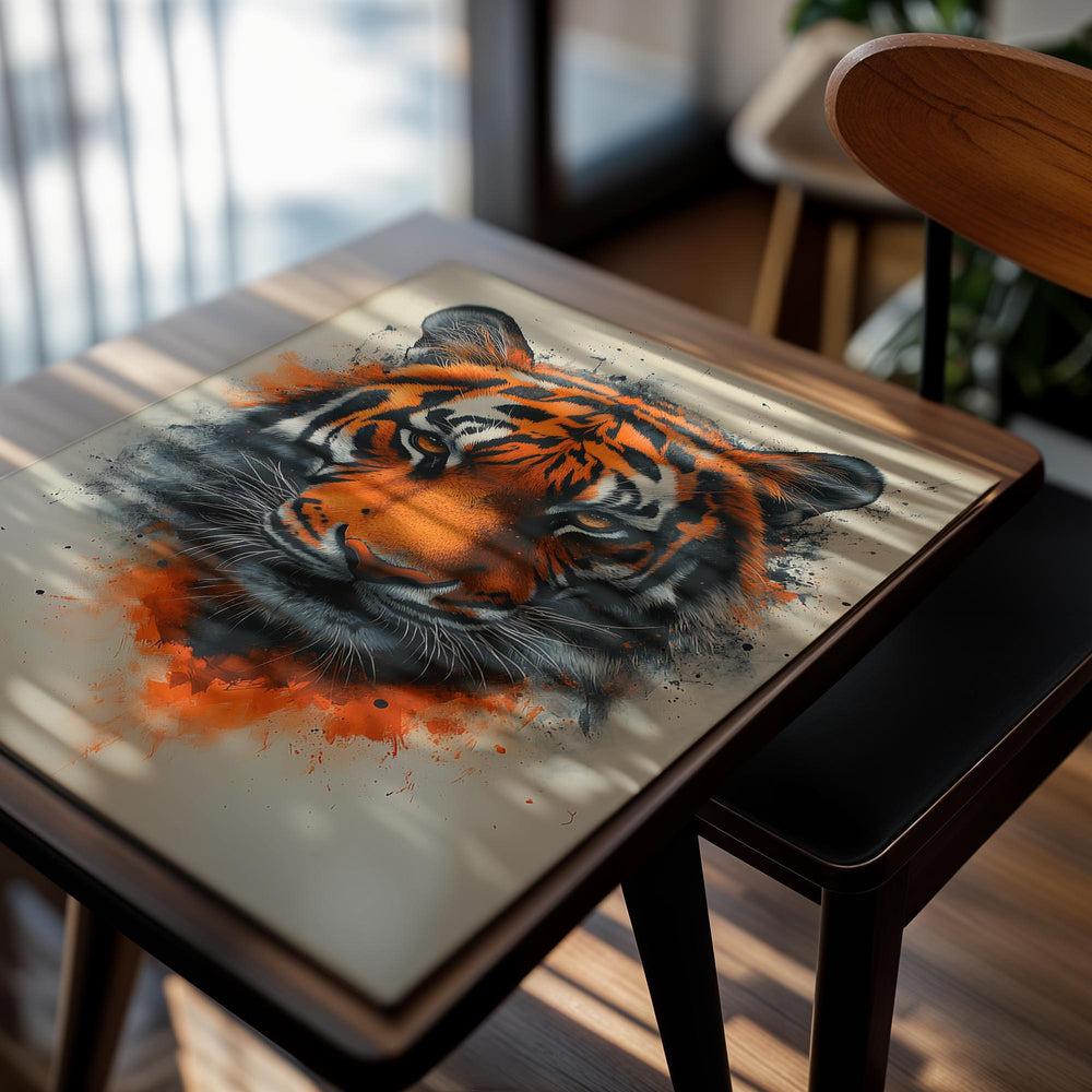 Artistic depiction of a tiger's face with vibrant orange and black colors on a beige background, as a premium aluminum metal print from GoMetalPrint.
