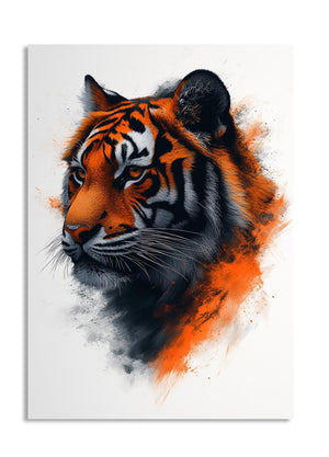 Artistic depiction of a tiger's head with orange and black colors on a white background, as a premium aluminum metal print from GoMetalPrint.
