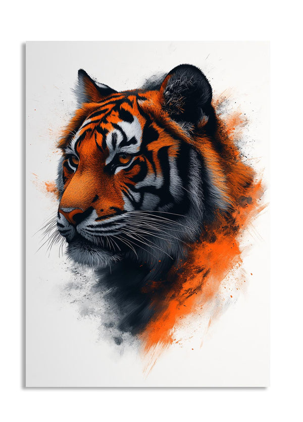 Artistic depiction of a tiger's head with orange and black colors on a white background, as a premium aluminum metal print from GoMetalPrint.
