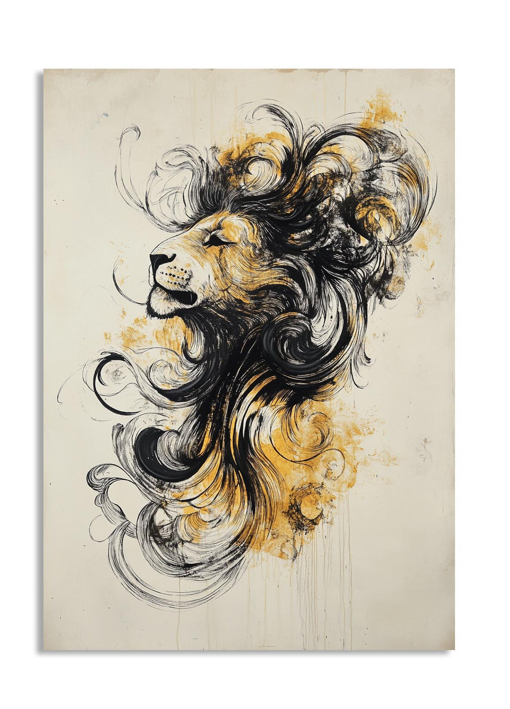 Artistic depiction of a lion's head with flowing mane on a textured background, as a premium aluminum metal print from GoMetalPrint.
