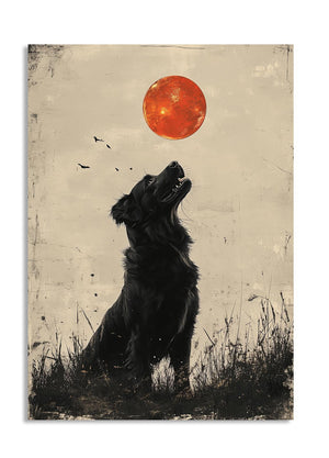 Artistic depiction of a black dog howling at a red moon on a textured background , as a premium aluminum metal print from GoMetalPrint.
