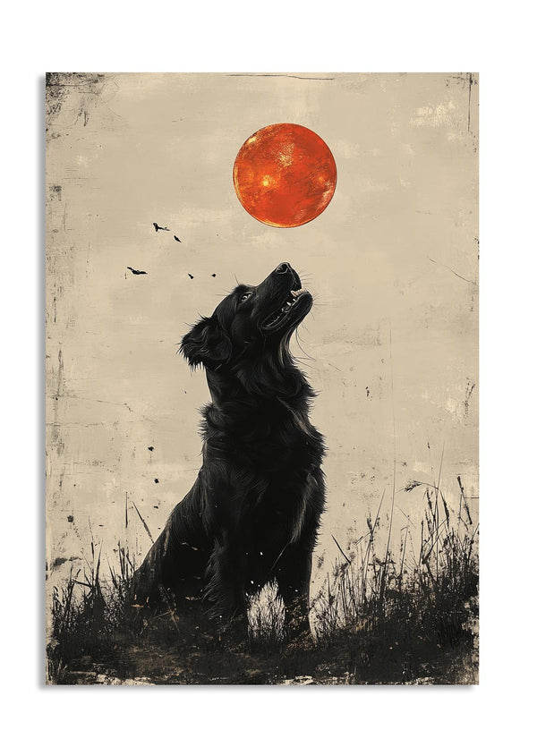 Artistic depiction of a black dog howling at a red moon on a textured background , as a premium aluminum metal print from GoMetalPrint.
