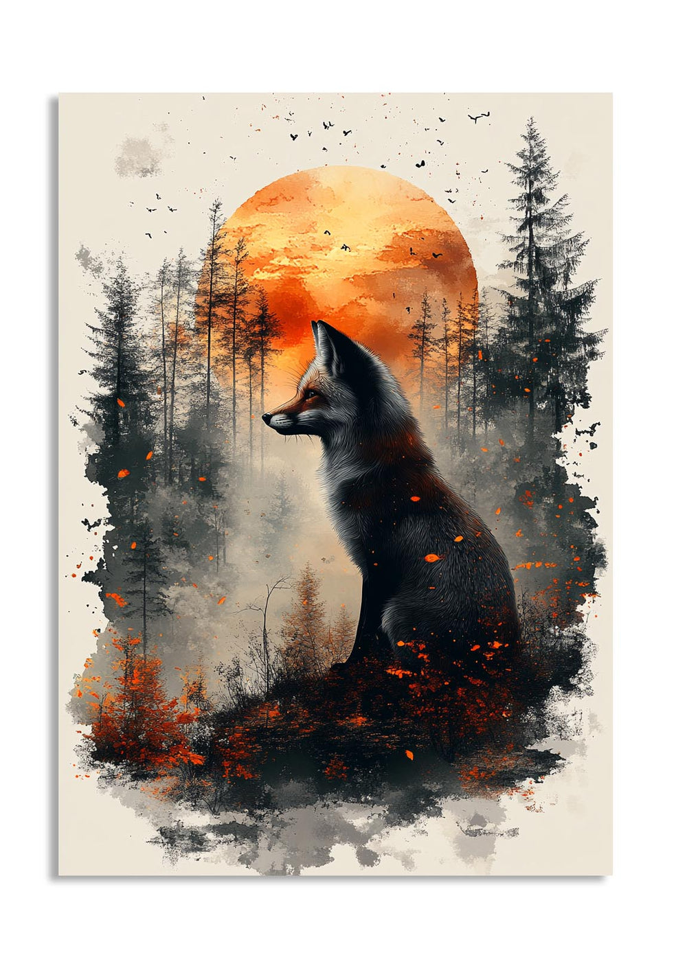 Fox in a forest with an orange moon in the background, as a premium aluminum metal print from GoMetalPrint.
