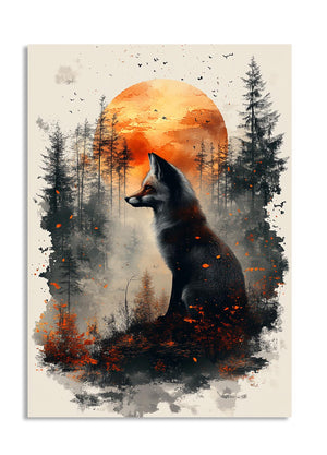 Fox in a forest with an orange moon in the background, as a premium aluminum metal print from GoMetalPrint.
