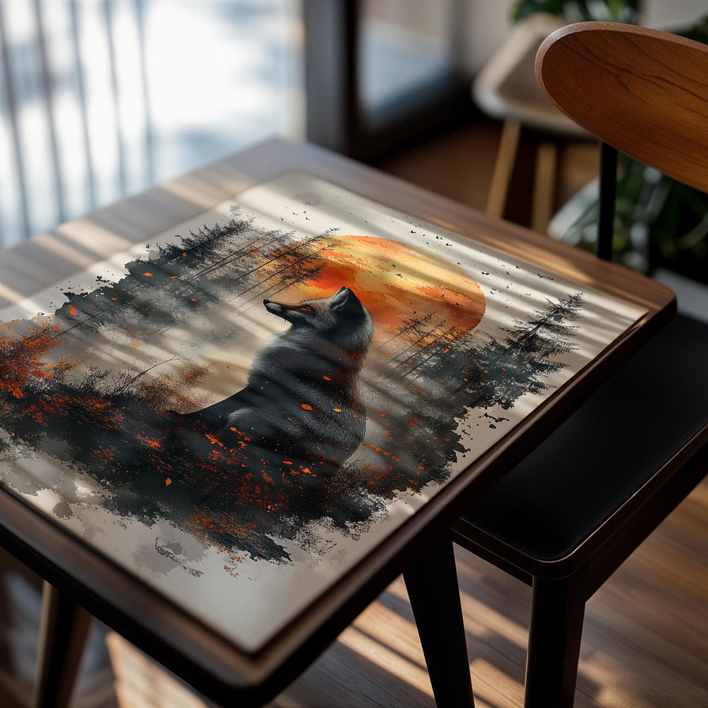 Fox in a forest with an orange moon in the background, as a premium aluminum metal print from GoMetalPrint.
