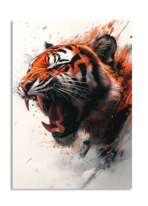 Artistic depiction of a roaring tiger with a dynamic background, as a premium aluminum metal print from GoMetalPrint.
