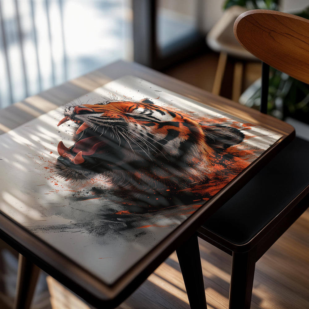 Artistic depiction of a roaring tiger with a dynamic background, as a premium aluminum metal print from GoMetalPrint.
