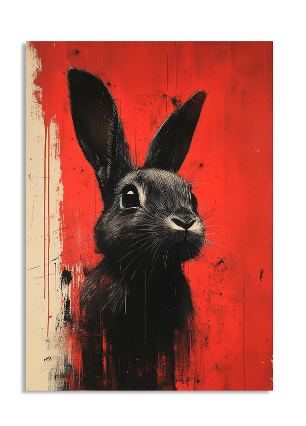 Black rabbit illustration on a red and beige background, as a premium aluminum metal print from GoMetalPrint.
