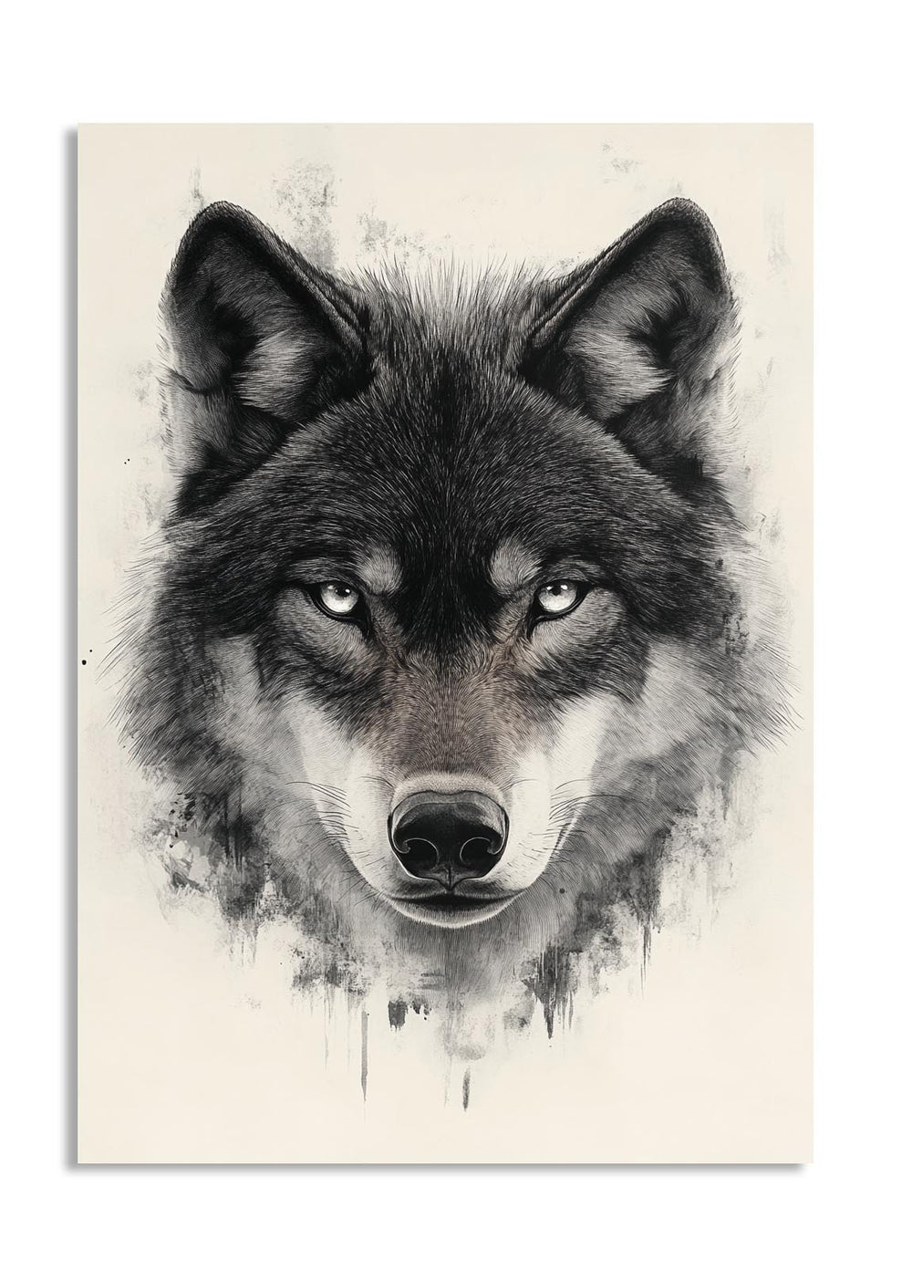 Artistic depiction of a wolf's head on a beige background, as a premium aluminum metal print from GoMetalPrint.
