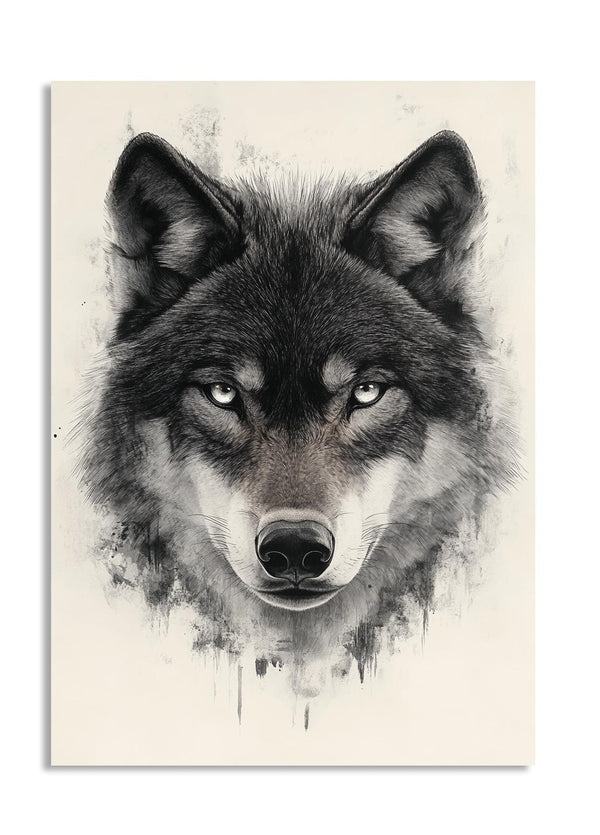 Artistic depiction of a wolf's head on a beige background, as a premium aluminum metal print from GoMetalPrint.
