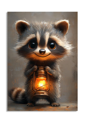 Illustration of a raccoon holding a lantern with a warm glow, as a premium aluminum metal print from GoMetalPrint.

