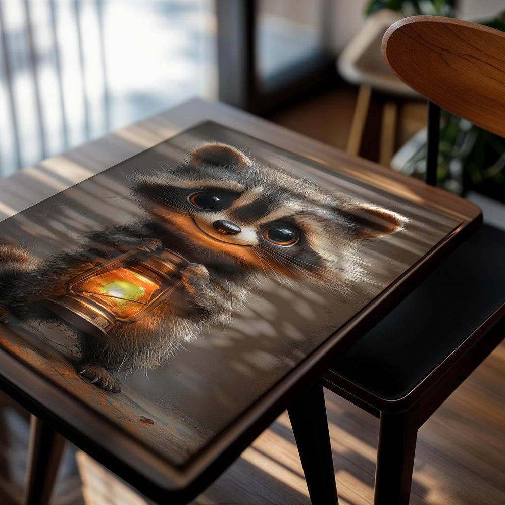 Illustration of a raccoon holding a lantern with a warm glow, as a premium aluminum metal print from GoMetalPrint.
