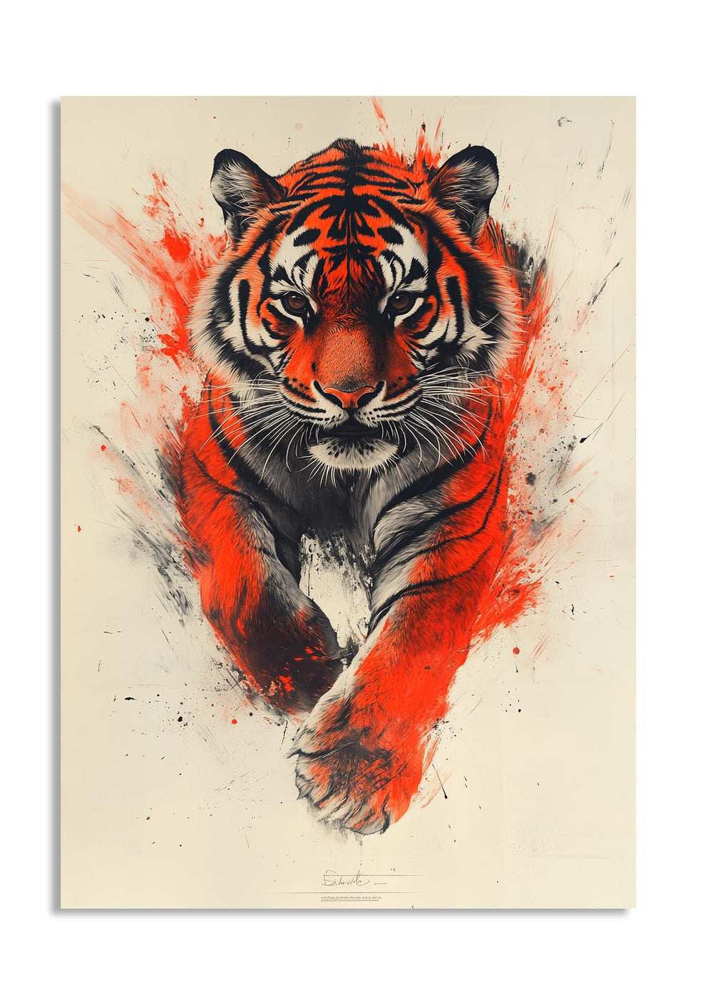 Stylized tiger illustration with red and black colors on a beige background, as a premium aluminum metal print from GoMetalPrint.
