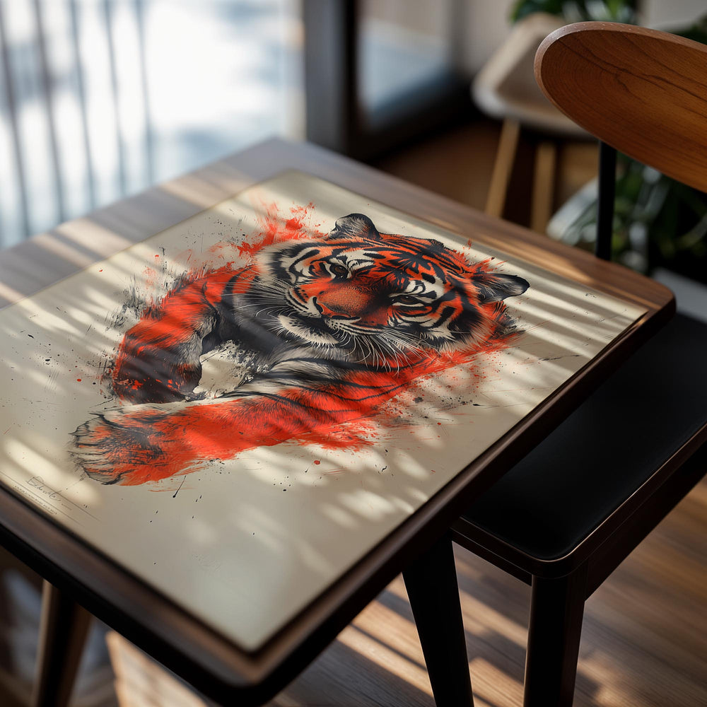 Stylized tiger illustration with red and black colors on a beige background, as a premium aluminum metal print from GoMetalPrint.

