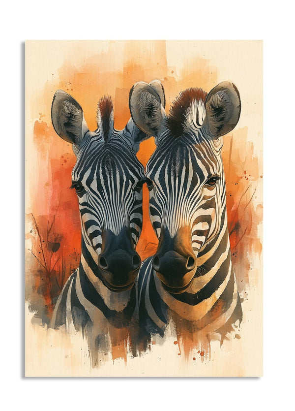 Artistic depiction of two zebras with a warm, watercolor-style background, as a premium aluminum metal print from GoMetalPrint.
