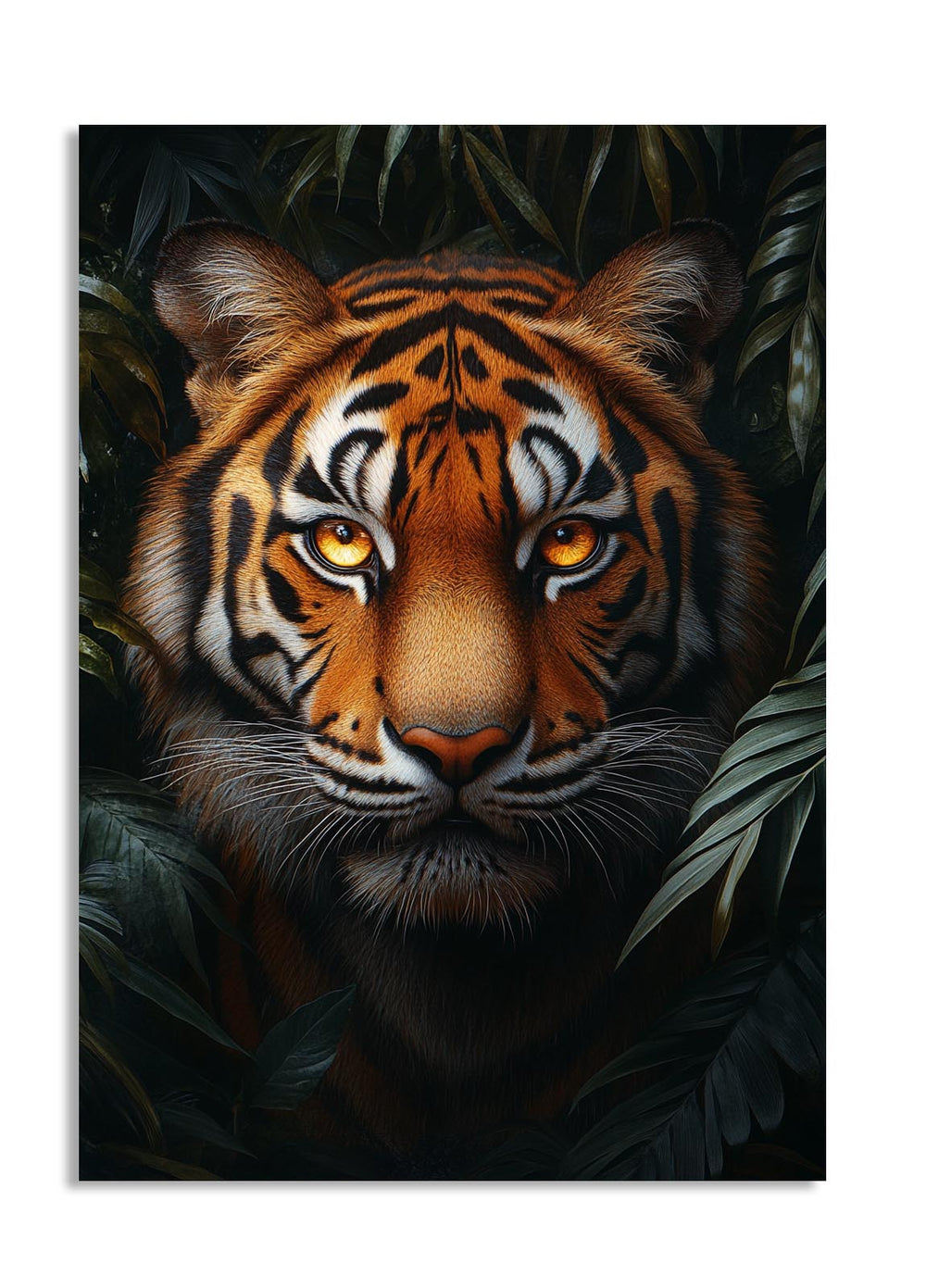 Close-up of a tiger's face with a dark, leafy background, as a premium aluminum metal print from GoMetalPrint.
