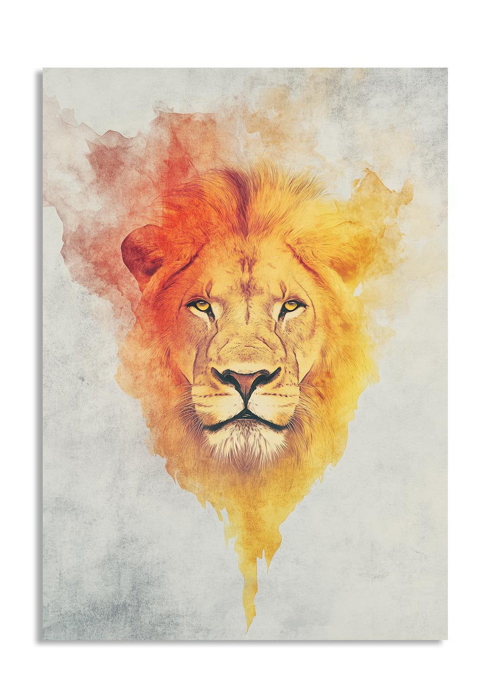 Colorful lion head painting on a textured background, as a premium aluminum metal print from GoMetalPrint.
