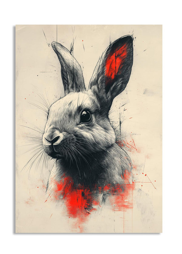 Artistic depiction of a rabbit with red accents on a textured beige background , as a premium aluminum metal print from GoMetalPrint.
