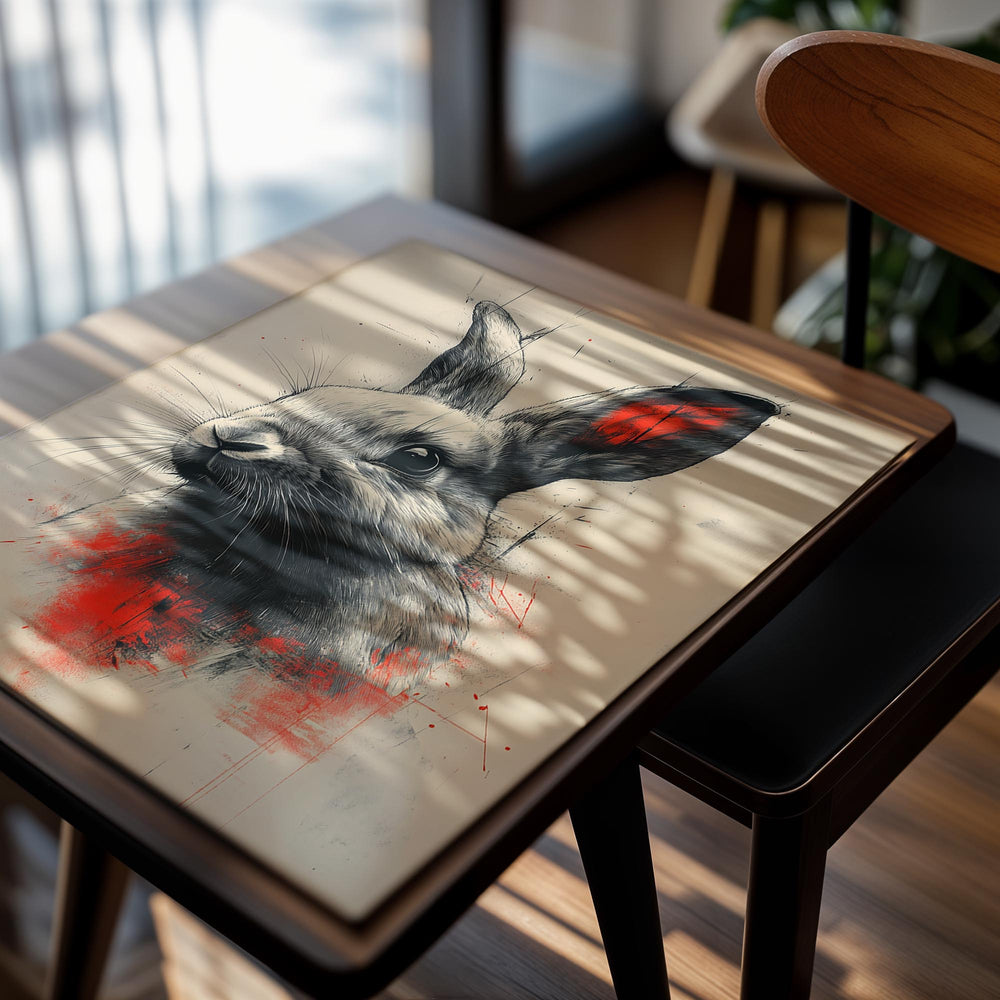 Artistic depiction of a rabbit with red accents on a textured beige background , as a premium aluminum metal print from GoMetalPrint.
