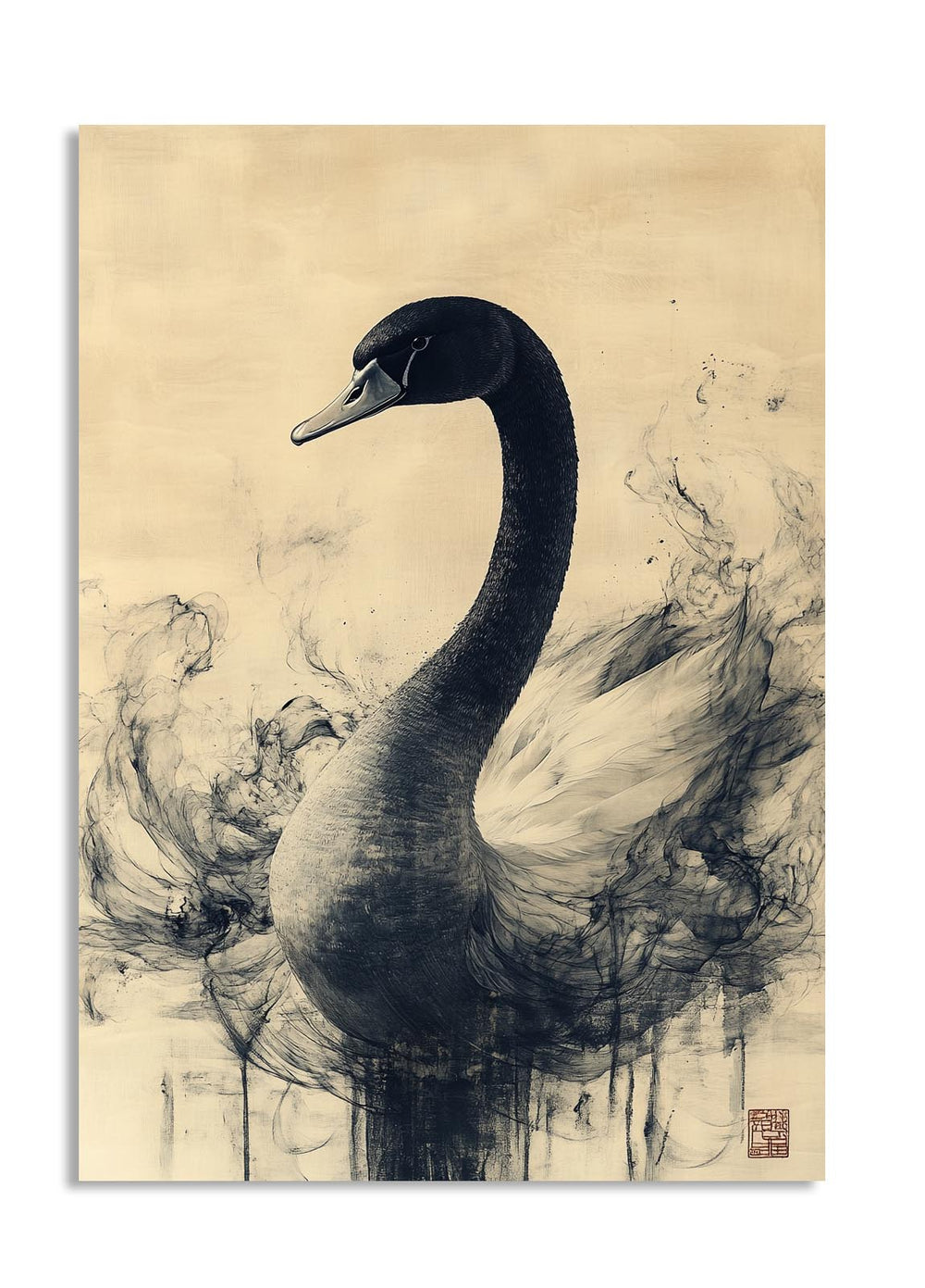 Artistic depiction of a swan with ink brush strokes on a beige background, as a premium aluminum metal print from GoMetalPrint.
