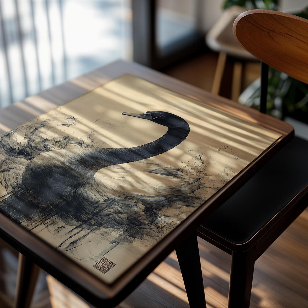 Artistic depiction of a swan with ink brush strokes on a beige background, as a premium aluminum metal print from GoMetalPrint.
