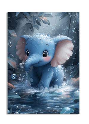 Cartoon elephant in water with a forest background, as a premium aluminum metal print from GoMetalPrint.
