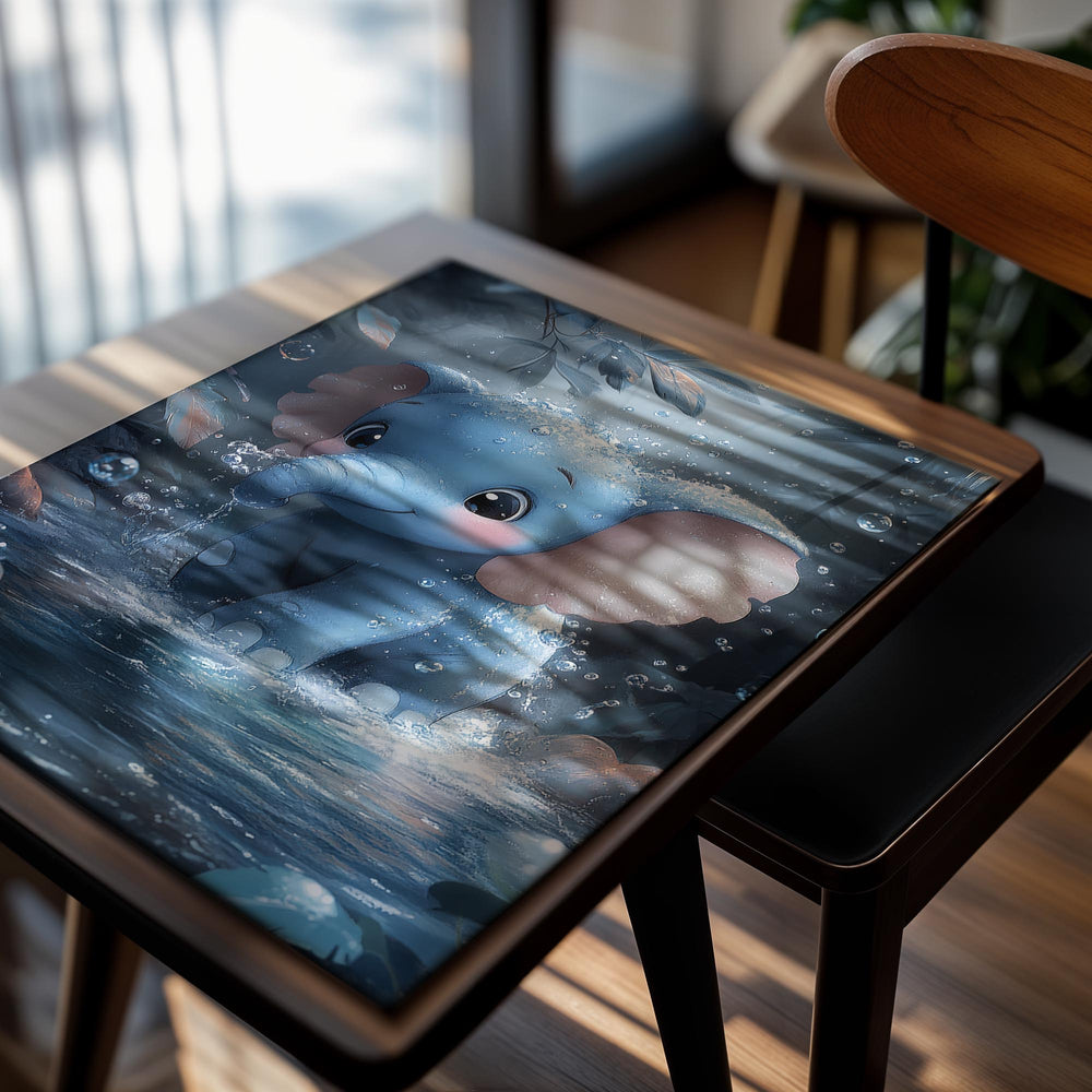 Cartoon elephant in water with a forest background, as a premium aluminum metal print from GoMetalPrint.
