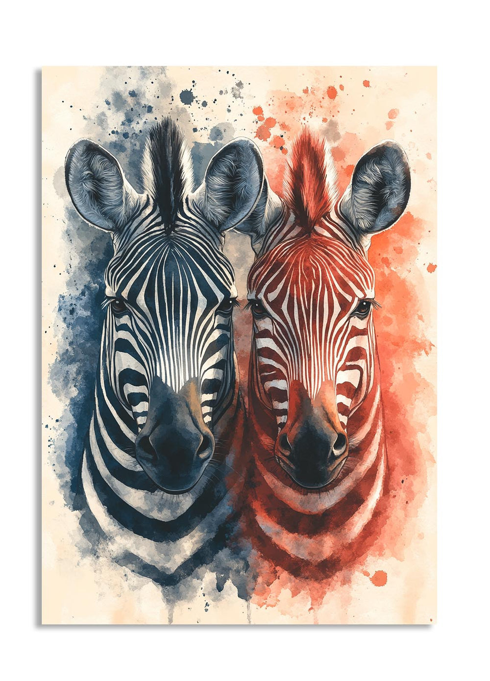 Artistic depiction of two zebras with watercolor effect on a beige background , as a premium aluminum metal print from GoMetalPrint.
