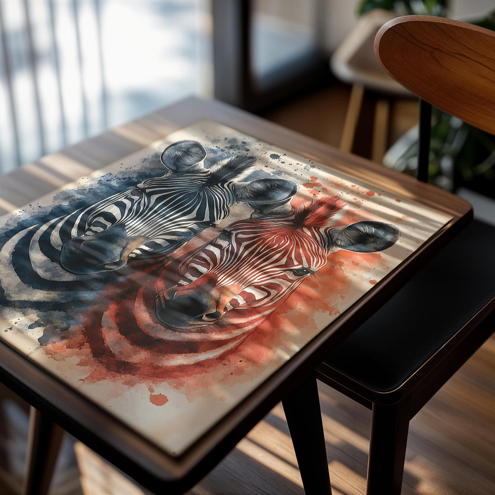 Artistic depiction of two zebras with watercolor effect on a beige background , as a premium aluminum metal print from GoMetalPrint.
