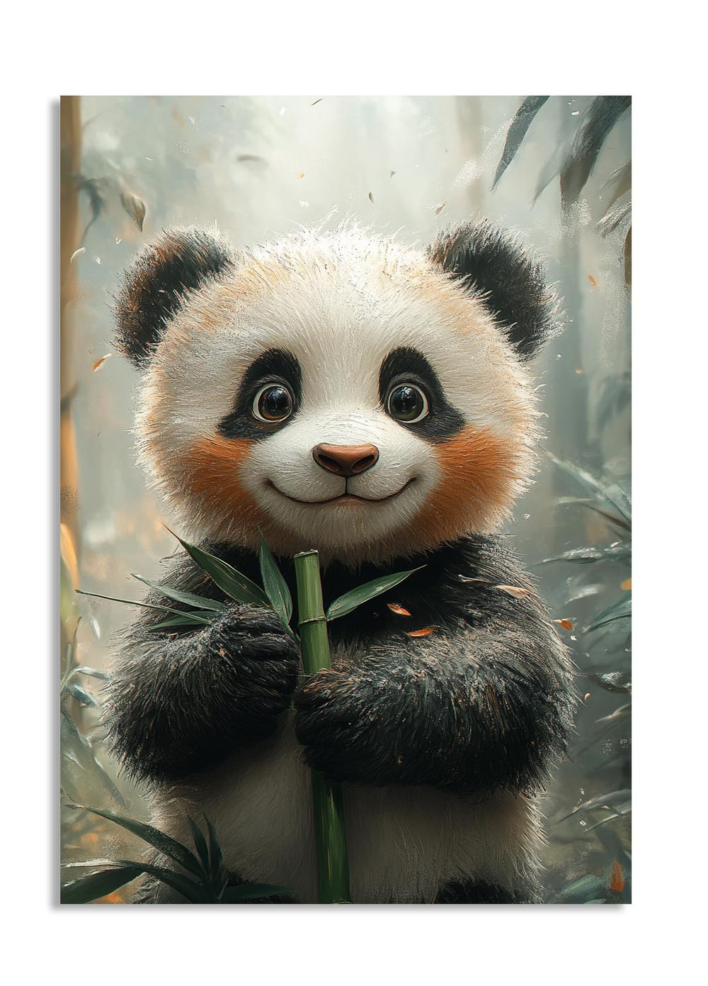 Illustration of a panda holding bamboo leaves with a natural background, as a premium aluminum metal print from GoMetalPrint.
