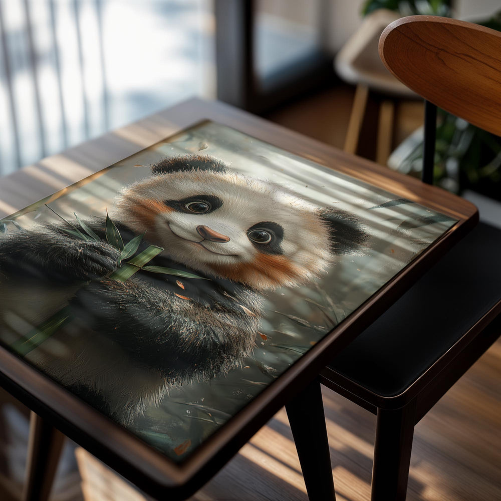 Illustration of a panda holding bamboo leaves with a natural background, as a premium aluminum metal print from GoMetalPrint.
