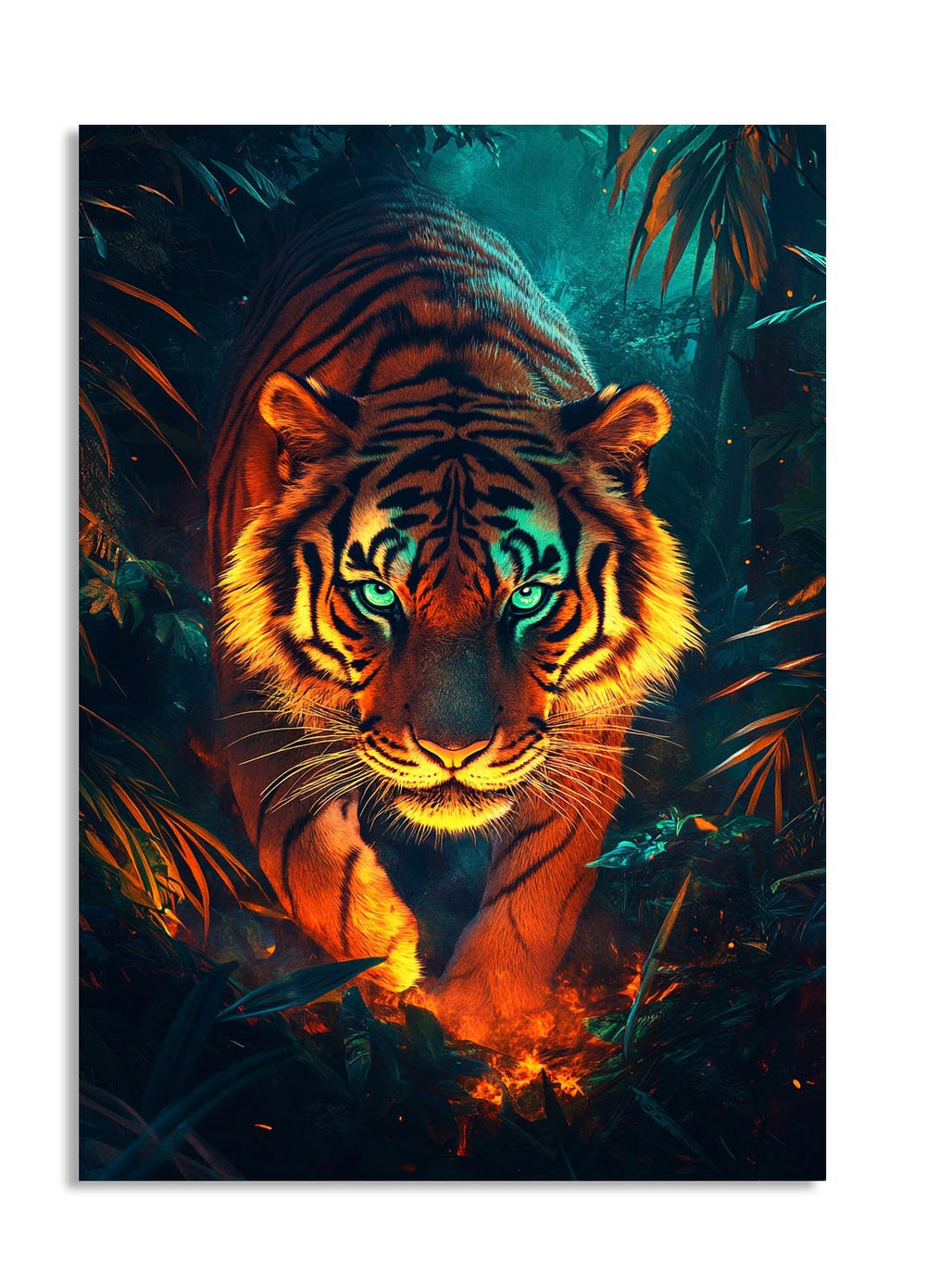 Stylized tiger in a jungle setting with vibrant colors, as a premium aluminum metal print from GoMetalPrint.
